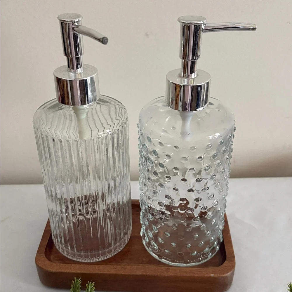 Threshold Glass Soap Dispenser Set acacia wood Tray trivet bowl Christmas